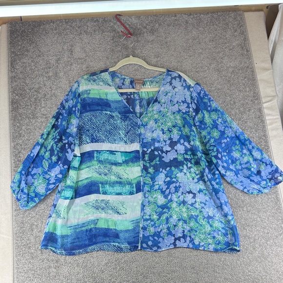 Chico's Tops - Chicos 3/4 Long Sleeve Blouse Shirt Blue Green Floral Pattern Womens 4 XXL